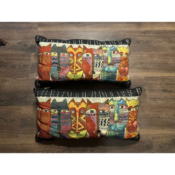 2 Laurel Burch Cat Faces Pillow Tapestry Multi Colored Lumbar Rectangular 23x12 - Picture 1 of 6